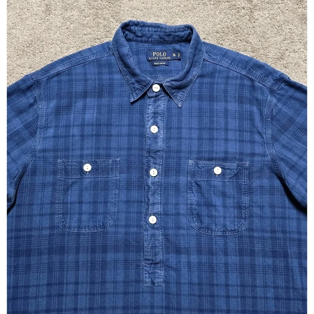 Polo Ralph Lauren Indigo Oxford Popover Shirt Mens XL Blue Plaid Beach Preppy